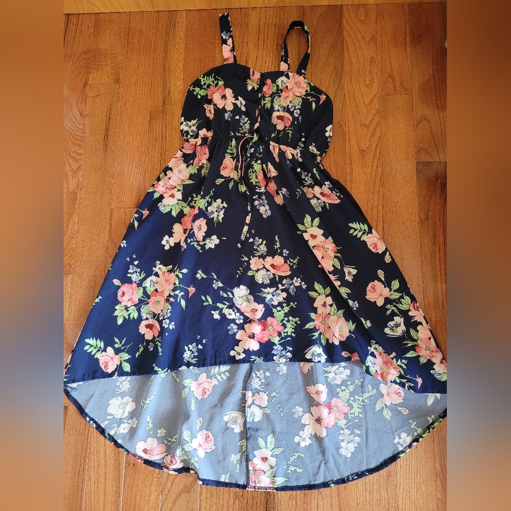 DRESSFO Floral Print Mid-Long Flowy Stretch Waist Tie Dress Women's L / 8 US